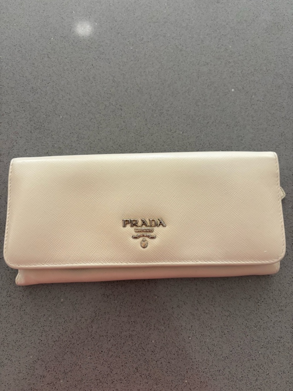 Prada Cream Saffiano Leather Continental Wallet with Gold Logo